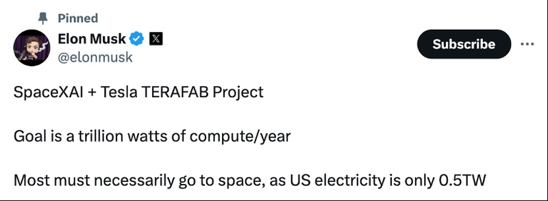 特斯拉携手SpaceX推进Terafab;芯片自产突破瓶颈;轨道AI算力布局引关注。 IT技术